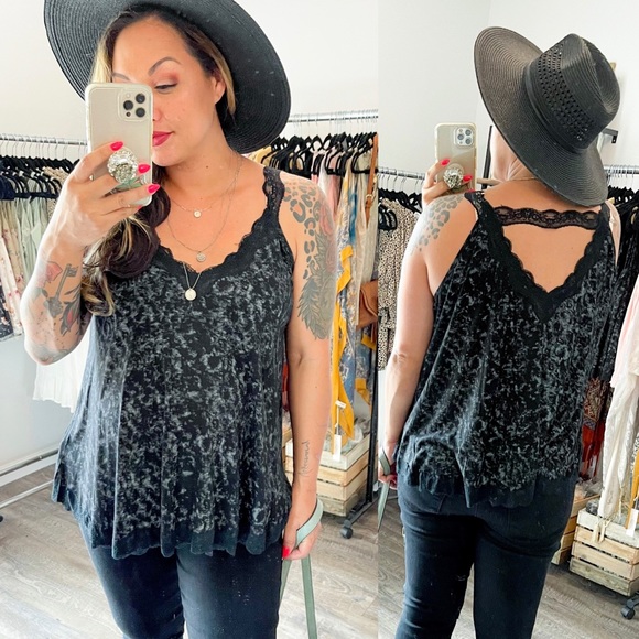 The House Of Gentry Tops - BLACK Flowy Vintage Wash Lace Tank Tops